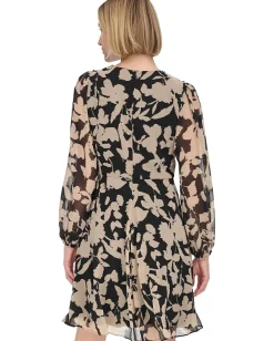 Women Calvin Klein Chiffon Long Sleeve Floral Rouched Aline