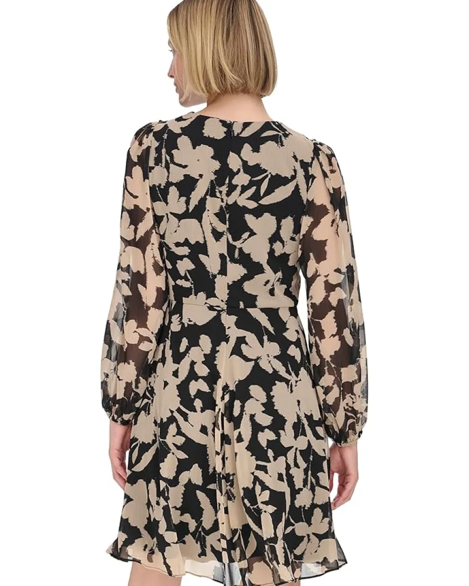 Women Calvin Klein Chiffon Long Sleeve Floral Rouched Aline