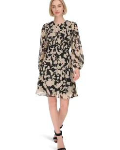 Women Calvin Klein Chiffon Long Sleeve Floral Rouched Aline
