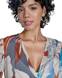 Women Calvin Klein Chiffon Puff Sleeve Faux Wrap