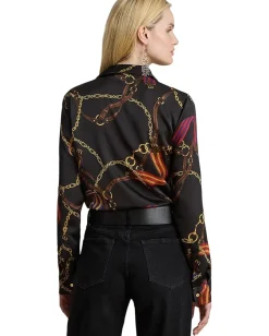 Lauren Ralph Lauren Classic Fit Belting-Print Satin Shirt Black Multi New