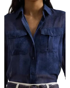 Lauren Ralph Lauren Classic Fit Print Chiffon Shirt Blue Multi New