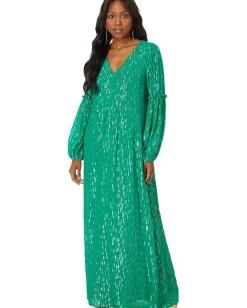 Lilly Pulitzer Cleme Long Sleeve Maxi Dress Fiddle Leaf Green Mystical Viscose Metallic Clip Online