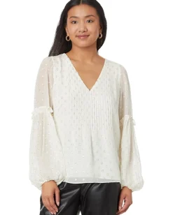 Lilly Pulitzer Cleme Long Sleeve Top Coconut Viscose Metallic Clip Dot Best