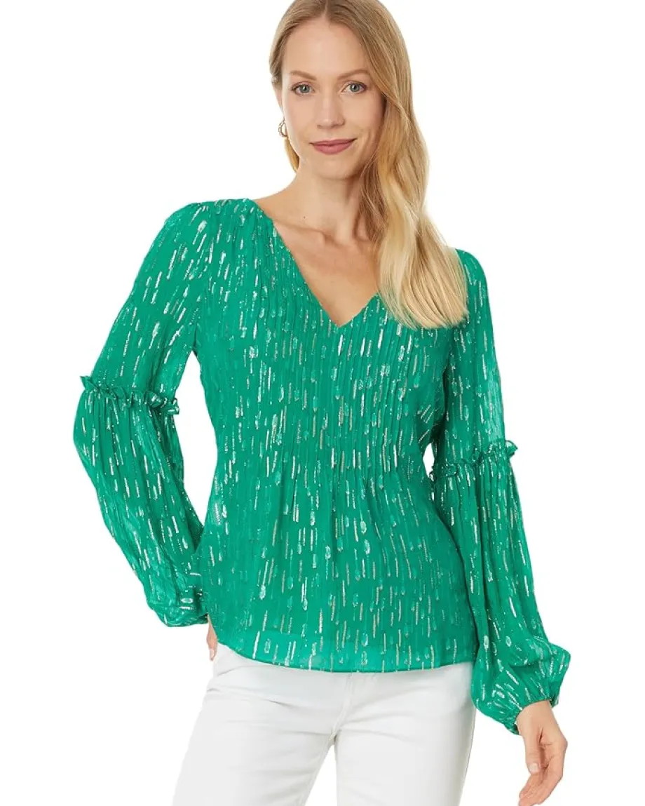 Lilly Pulitzer Cleme Long Sleeve Top Fiddle Leaf Green Mystical Viscose Metallic Clip New
