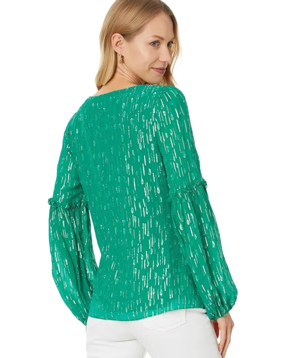 Lilly Pulitzer Cleme Long Sleeve Top Fiddle Leaf Green Mystical Viscose Metallic Clip New