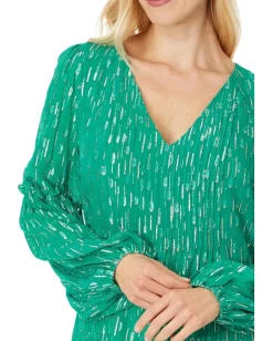 Lilly Pulitzer Cleme Long Sleeve Top Fiddle Leaf Green Mystical Viscose Metallic Clip New
