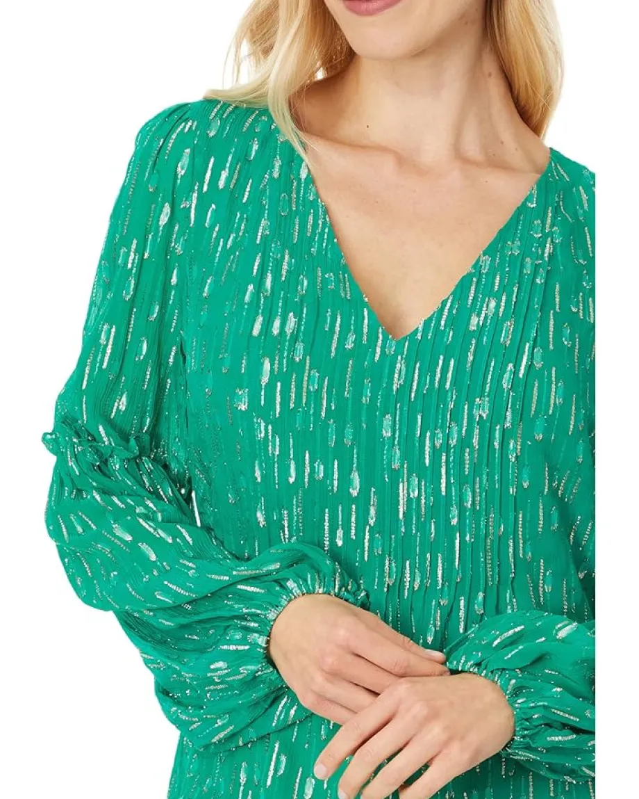 Lilly Pulitzer Cleme Long Sleeve Top Fiddle Leaf Green Mystical Viscose Metallic Clip New