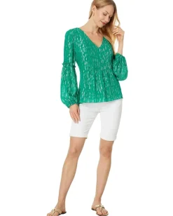 Lilly Pulitzer Cleme Long Sleeve Top Fiddle Leaf Green Mystical Viscose Metallic Clip New