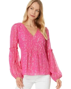 Lilly Pulitzer Cleme Long Sleeve Top Passion Fruit Pink Mystical Viscose Metallic Clip Hot