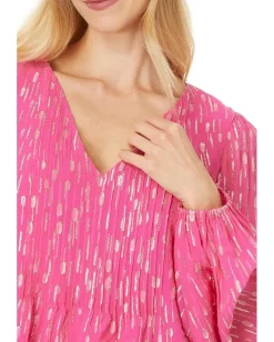 Lilly Pulitzer Cleme Long Sleeve Top Passion Fruit Pink Mystical Viscose Metallic Clip Hot