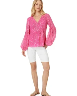 Lilly Pulitzer Cleme Long Sleeve Top Passion Fruit Pink Mystical Viscose Metallic Clip Hot