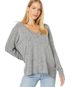 Lucky Brand Cloud Jersey Deep V Ruched Top Medium Heather Gray