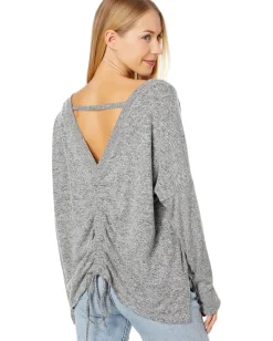 Lucky Brand Cloud Jersey Deep V Ruched Top Medium Heather Gray