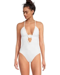 BECCA Colette Clare Crochet Flower Plunge One Piece White New