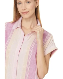 Liverpool Los Angeles Collared Camp Shirt with Hi-Low Hem and Fray Hem Lavender Multistripe Hot