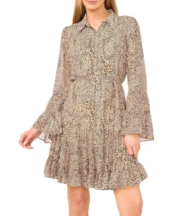 Women CeCe Collared Ruffled Flounce Long Sleeve Dress
