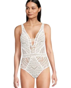 BECCA Color Play Crochet Plunge One Piece White 1 Clearance