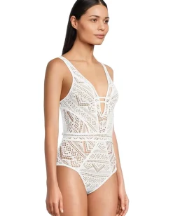 BECCA Color Play Crochet Plunge One Piece White 1 Clearance