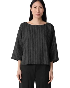 Women Eileen Fisher Cotton Blend Stripe Stitch Bateau Neck Box Top