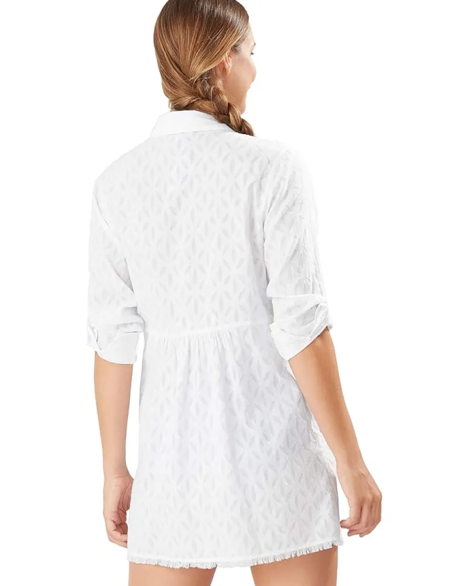 Tommy Bahama Cotton Clip Jacquard Boyfriend Shirt White New