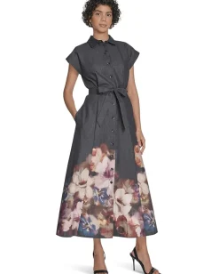 Women Calvin Klein Cotton Floral Border Midi