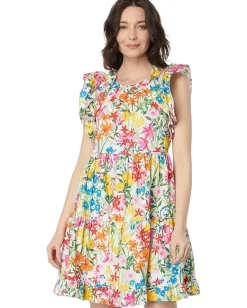 Women Maggy London Cotton Poplin Floral Print Ruffle Sleeve Dress