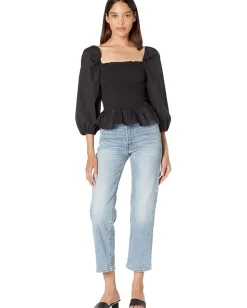 Women BCBGMAXAZRIA Cotton Puff Sleeve Smocked Bodice Top