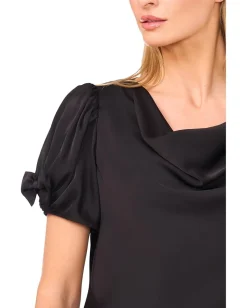 CeCe Cowl Neck Bubble Short Sleeve Top Rich Black New