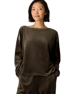 Eileen Fisher Cozy Velour Knit Bateau Neck Boxy Top Branch Outlet