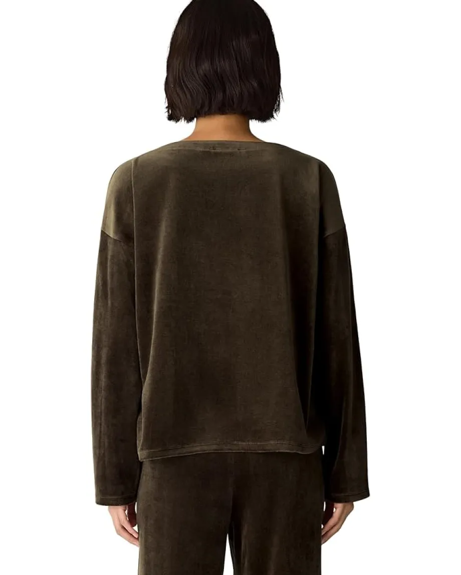 Eileen Fisher Cozy Velour Knit Bateau Neck Boxy Top Branch Outlet