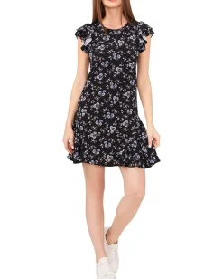 CeCe Crew Neck Double Ruffle Sleeve Dress Rich Black Discount