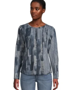 Elliott Lauren Crew Neck Long Sleeve Top with Overlok Stitching Blue Multi 1