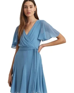 Lauren Ralph Lauren Crinkle Georgette Surplice Dress Pale Azure New