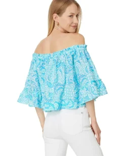 Lilly Pulitzer Croix Off-the-Shoulder Linen Top Resort White Goombay Grooves Discount