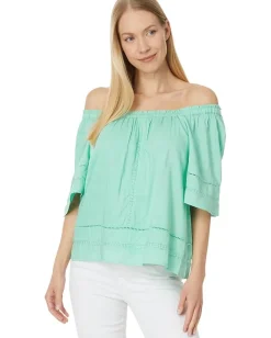 Liverpool Los Angeles Cropped Bell Sleeve Woven Top with Lace Trim Mint New
