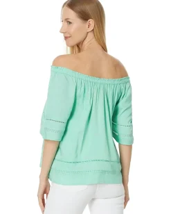 Liverpool Los Angeles Cropped Bell Sleeve Woven Top with Lace Trim Mint New