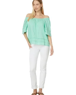 Liverpool Los Angeles Cropped Bell Sleeve Woven Top with Lace Trim Mint New