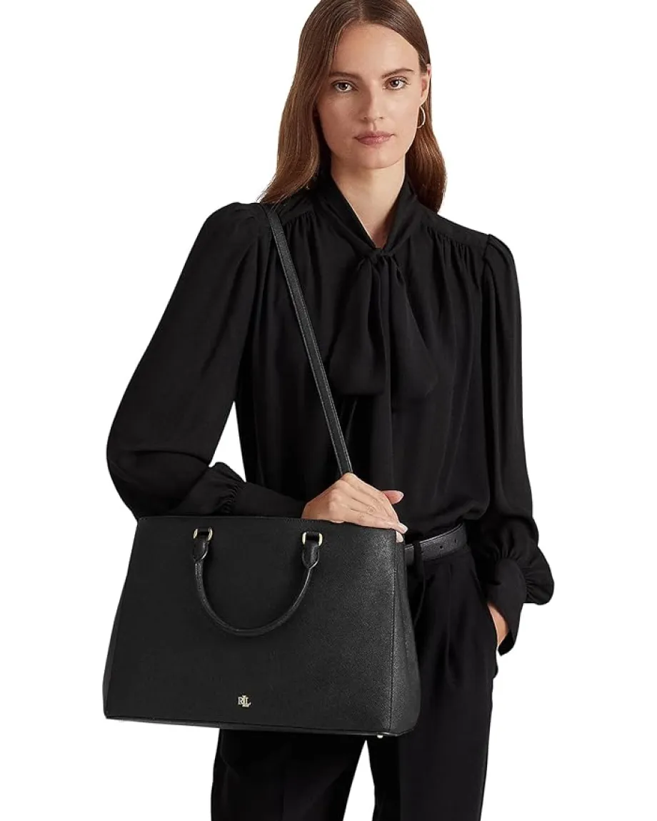 Women Lauren Ralph Lauren Crosshatch Leather Large Hanna Satchel