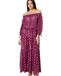 Lilly Pulitzer Dayla Maxi Cover-Up Amarena Cherry Pattern Play Viscose Metallic Clip New