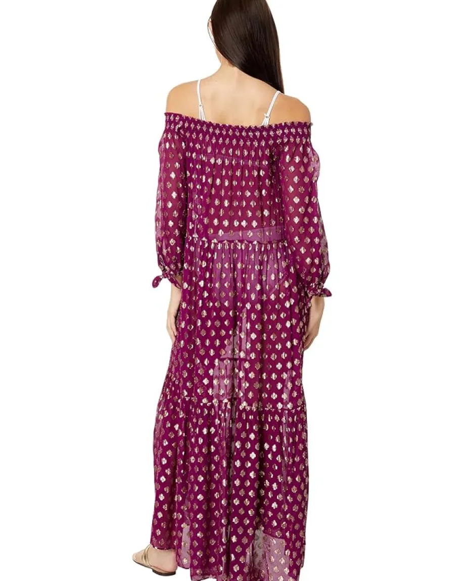 Lilly Pulitzer Dayla Maxi Cover-Up Amarena Cherry Pattern Play Viscose Metallic Clip New