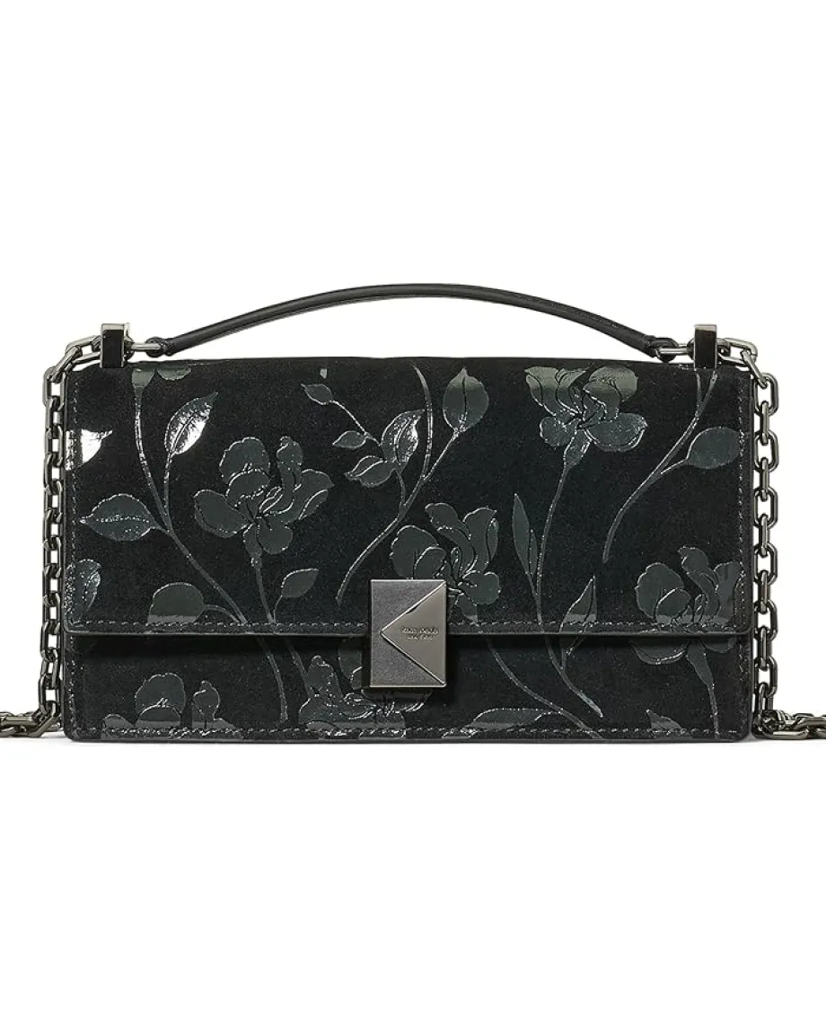 Kate Spade New York Deco Uptown Blooms Printed Suede Mini Flap Chain Crossbody Black