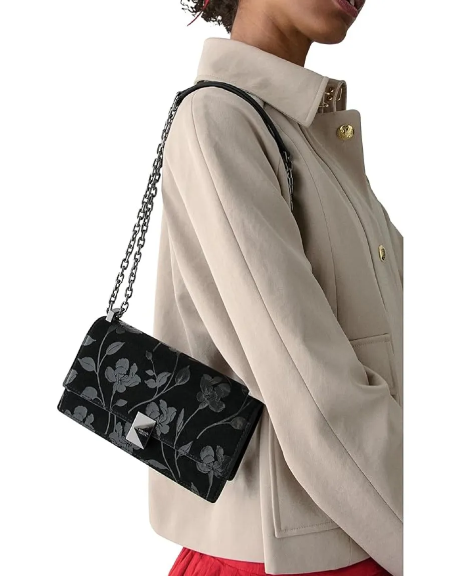 Kate Spade New York Deco Uptown Blooms Printed Suede Mini Flap Chain Crossbody Black