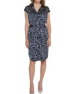 Liverpool Los Angeles Dolman Sleeve Button Front Dress Stretch Satin Navy Multi Hot