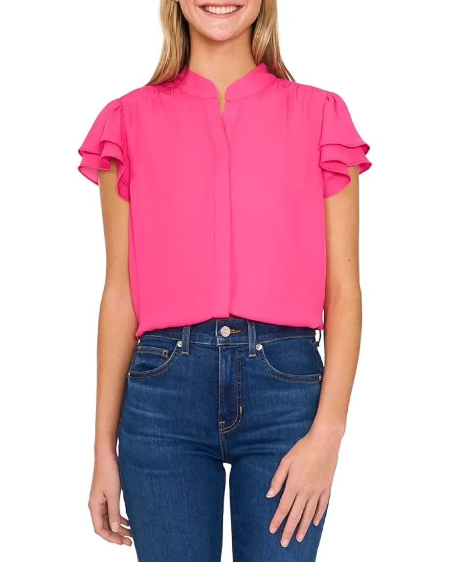 Women CeCe Double Flutter Short Sleeves Hidden Placket Blouse