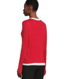 Elliott Lauren Double Layer Long Sleeve, Crew Neck- Knit Top Red Discount