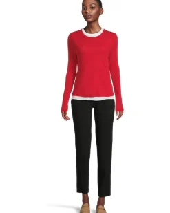 Elliott Lauren Double Layer Long Sleeve, Crew Neck- Knit Top Red Discount