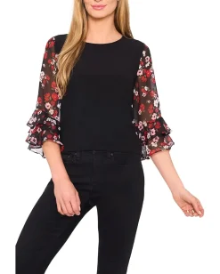 Women CeCe Double Ruffle Mixed Media Knit Top