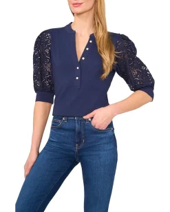 Women CeCe Elbow Puff Sleeve Henley Mixed Media Tee