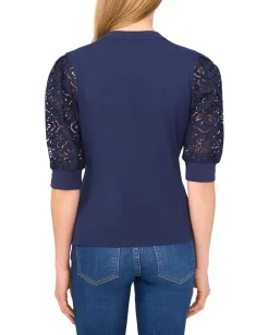 Women CeCe Elbow Puff Sleeve Henley Mixed Media Tee